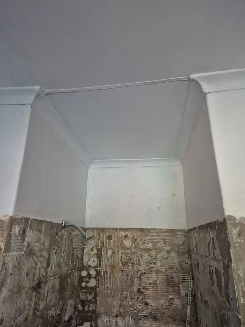 Before: the shower recess stripped to bare wall, old tile adhesive still showing